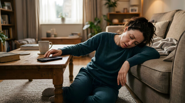A exhausted woman sleeping against a sofa represents burnout, similar to burnt matches row burnout, showing physical fatigue and mental exhaustion after a long day in a living room