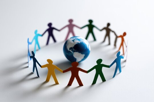 Diverse paper cutout figures holding hands in a circle surrounding a small globe symbolizing global unity and international cooperation concepts