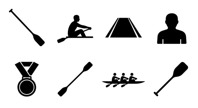 Rowing Sport Icons Set: Oars, Scullers, Quad Boat, Race Track, Medal, Silhouette Figures for Athletic Design