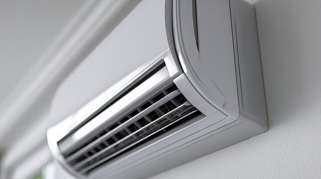 Modern air conditioning unit recessed into a pristine white wall, quietly cooling an indoor space, offering comfort, and representing a sleek, minimalist design