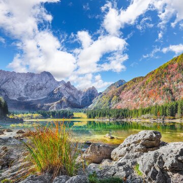 Fabulous view of Fusine lake with Mangart peak on background.