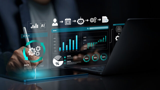 Business intelligence and data analytics concept. Business Analytics and Data Management System on computer to make report with KPI. graph, chart, AI technology. Business process, workflow automation.