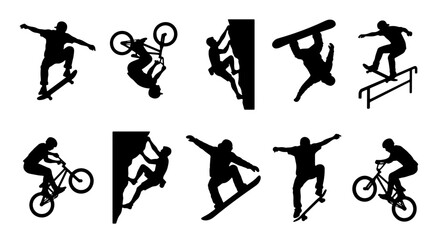 Fototapeta premium Extreme Sports Silhouettes Collection: Skateboarding, BMX, Rock Climbing, Snowboarding, and Rail Grinding Action Icons