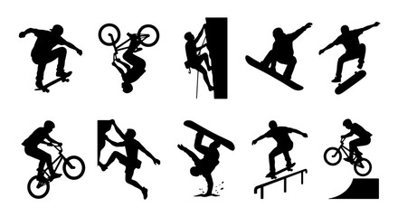 Fototapeta premium Extreme Sports Silhouettes Collection: Skateboarders, BMX Riders, Snowboarders, and Rock Climbers in Dynamic Action Poses, Vector Graphic Elements for Active Lifestyle Design