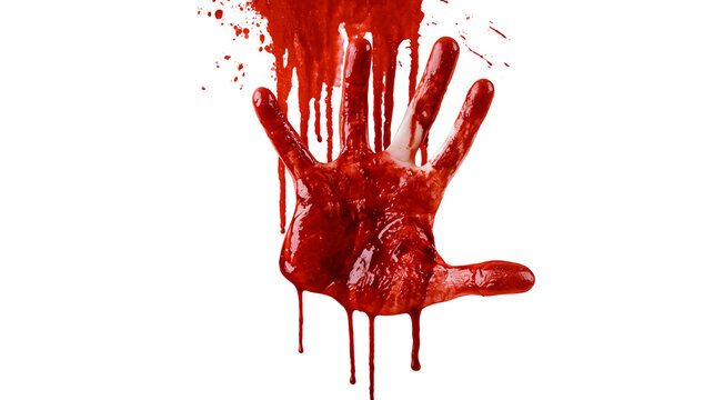 Bloody handprint with thick red liquid dripping down from fingers and palm
