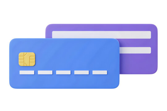 Two 3 d rendered plastic credit cards in blue and purple colors with gold emv chips and white details isolated on a transparent background