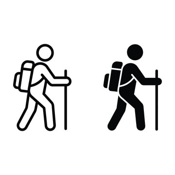 Hiking person with backpack and walking stick, outline and solid styles