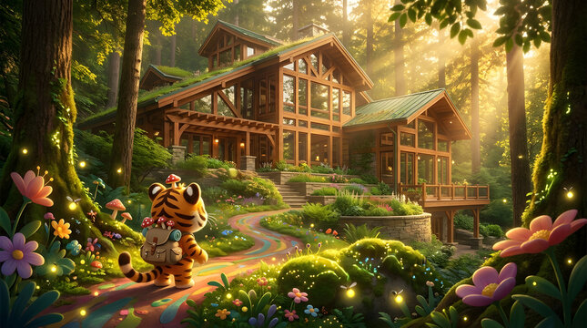 A cute cartoon tiger walking through a magical enchanted forest garden.