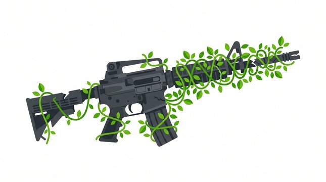 Conceptual Illustration of an Assault Rifle Overgrown with Green Vines and Leaves, Symbolizing Peace, Disarmament, and the Power of Nature Over War on a White Background