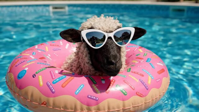 A funny sheep wearing stylish sunglasses floats in a donut ring in a sparkling blue pool.