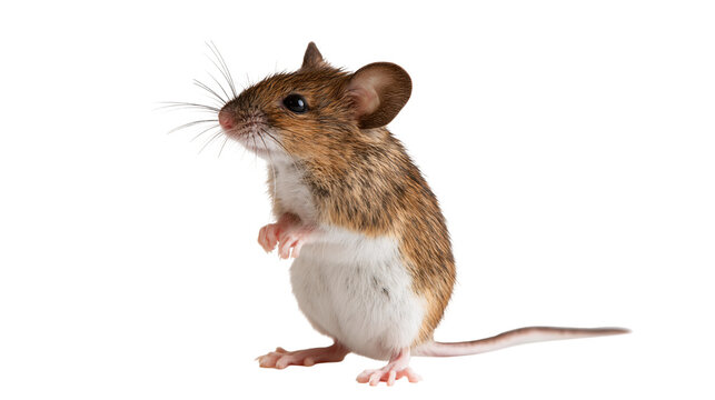 Small brown house mouse standing on hind legs with long tail and whiskers