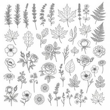Hand Drawn Botanical Line Art Collection of Flowers and Leaves.
