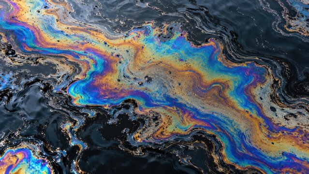 Colorful Oil Spill Pollution Floating on Dark Water Surface Showing Toxic Petroleum Contamination and Environmental Damage
