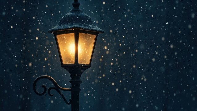 Serene snowy night lamp glow.