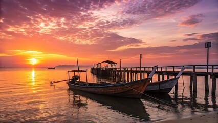 Fototapeta premium Traditional wooden longtail boats moored at a wooden pier during a beautiful golden sunset over the calm tropical ocean