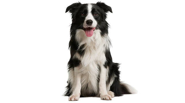 Black and white Border Collie dog sitting with tongue out