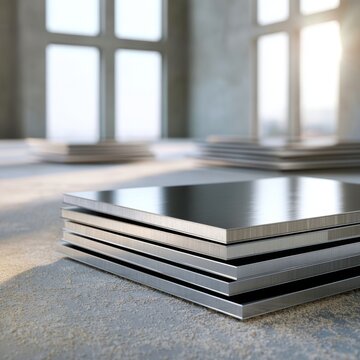 Stacks of polished metal sheets placed on a concrete floor inside an industrial warehouse with large bright windows in the background