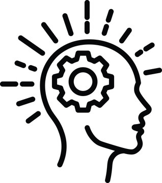 Monochrome brain with gear cog inside, radiating intellectual spark