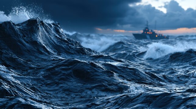 Turbulent ocean waves crashing under stormy sky with distant illuminated ship navigating rough seas at dusk creating a dramatic maritime scene