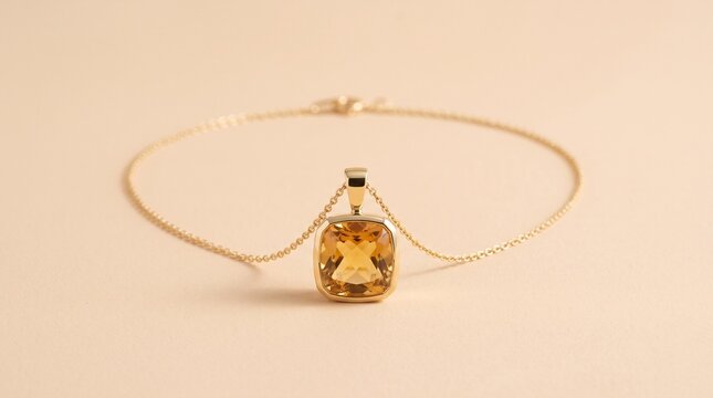 Gold citrine pendant necklace displayed on a delicate gold chain against neutral background