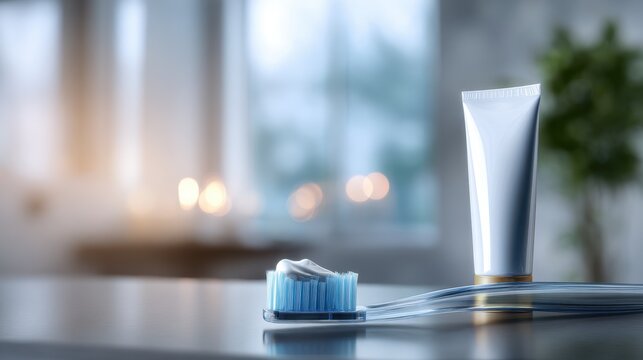 Transparent toothbrush with blue bristles holding white toothpaste beside an upright white toothpaste tube in a softly lit modern bathroom setting