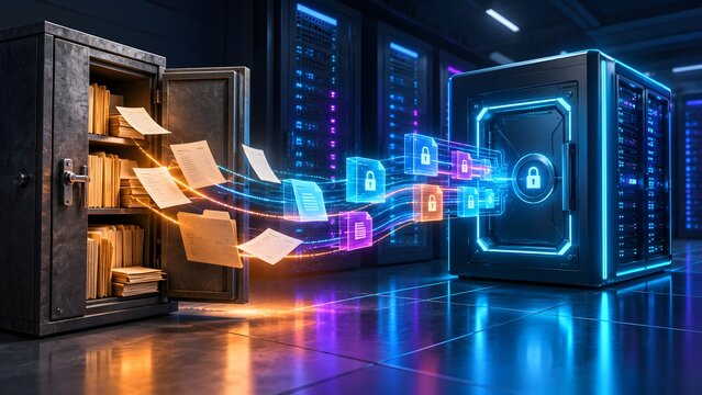 Paper documents flying from a traditional safe transforming into glowing encrypted digital files entering a secure server representing data migration