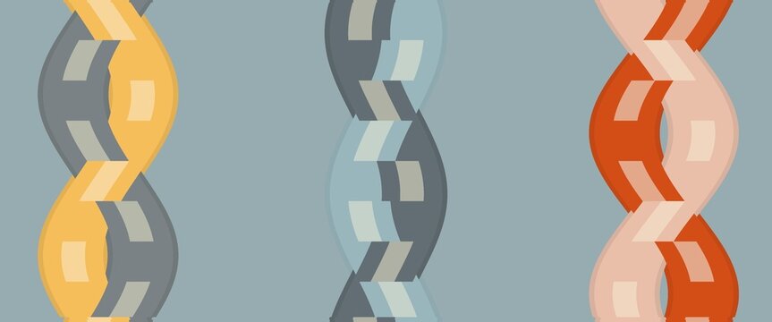 Abstract seamless pattern of three vertical double-helix forms in yellow, blue-gray, and orange on a muted gray background