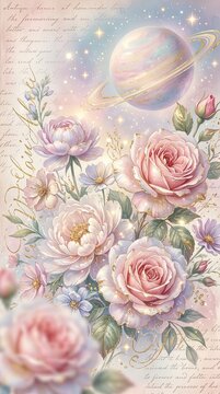 Dreamy romantic vintage background with pink roses, ringed celestial planet and gold accents