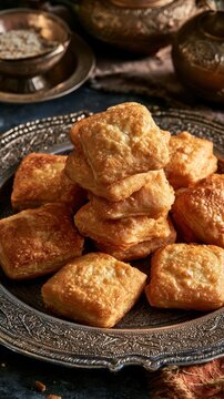 A stack of golden Baursaks on an intricate silver platter, luxurious traditional banquet