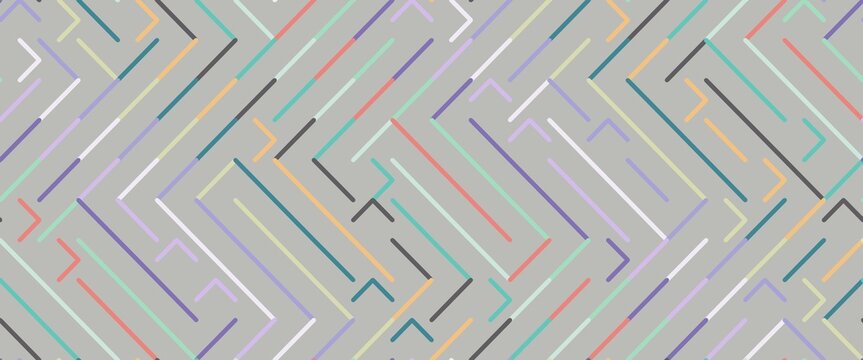 Abstract seamless geometric pattern of interlocking chevron lines in muted gray, teal, orange, pink, and lavender tones