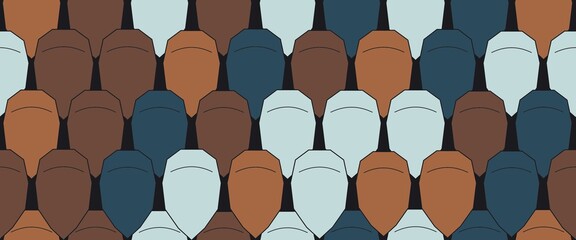 Obraz premium Seamless repeating pattern of stylized human head silhouettes in earthy brown, blue, gray, and cream tones arranged in orderly rows
