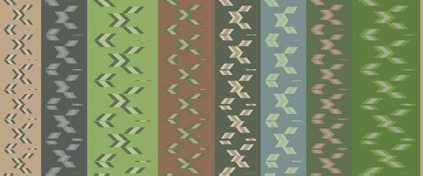 Seamless abstract pattern of vertical earthy green, beige, gray, and brown stripes filled with repeating geometric zigzag motifs