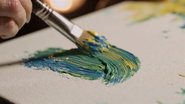Artist hand using a paintbrush to apply thick blue and yellow oil paint onto a white canvas surface