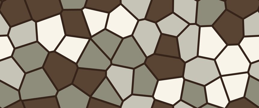 Seamless abstract mosaic pattern of irregular stone-like shapes in muted beige, brown, gray, and cream tones