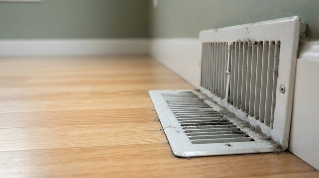 A close view shows a dusty heating vent on a wooden floor in a home. Dust and debris are collecting in the vent, indicating a need for cleaning