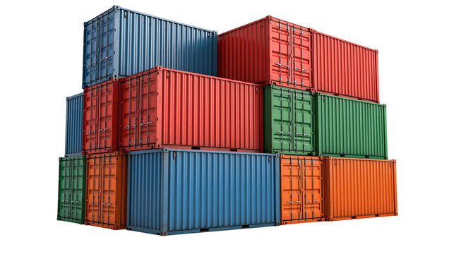 Stacked colorful metal shipping containers for global freight and logistics