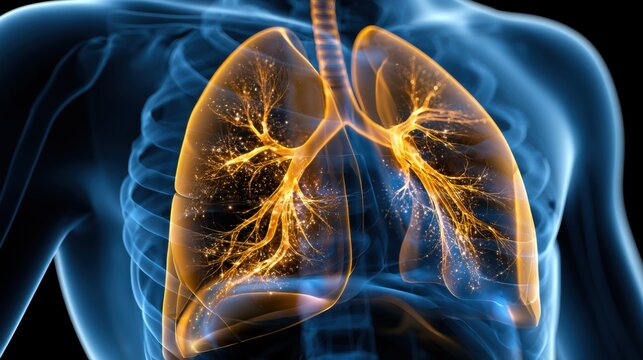 Visualization of human lungs with illuminated bronchial tree showcasing respiratory anatomy within a semi-transparent chest cavity and rib cage structure