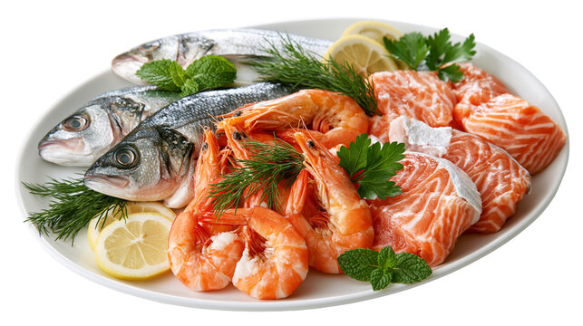Fresh raw sea bass fish with salmon fillets and prawns on a white ceramic plate