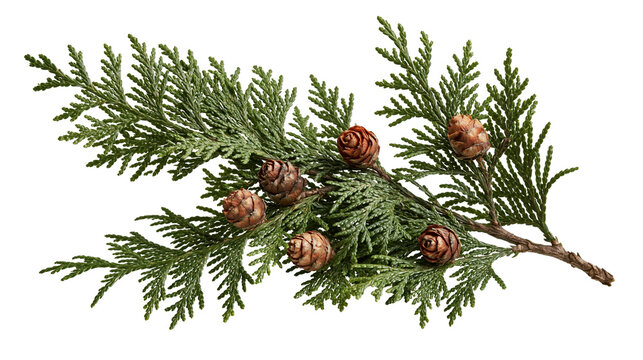 Evergreen cedar branch with small brown cones