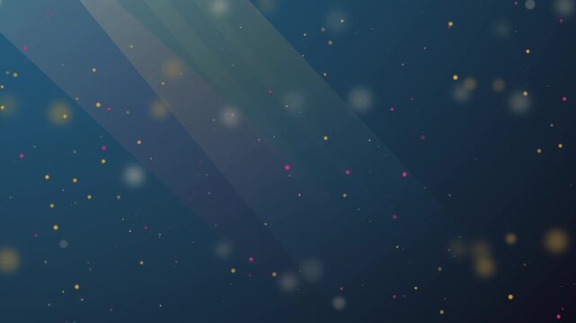 Glowing multicolored light particles drift across soft diagonal blue rays against a dark atmospheric background in a 3D animation