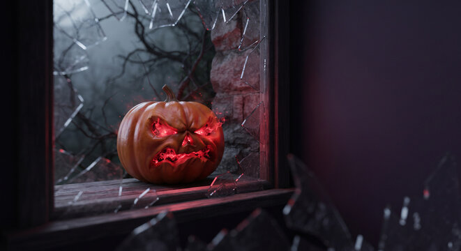 Sinister Halloween pumpkin with glowing red eyes sitting on a broken glass window sill