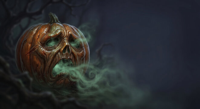 Spooky Halloween pumpkin face breathing eerie green smoke in a dark misty forest