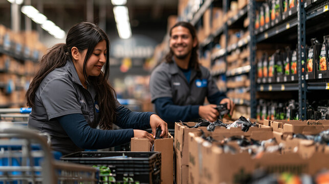 Supermarket Grocery Store Employees Unpacking Boxes and Restocking Shelves