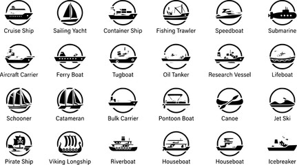 Fototapeta premium Maritime ship and boat vector icon set circular framed vessel collection with labels