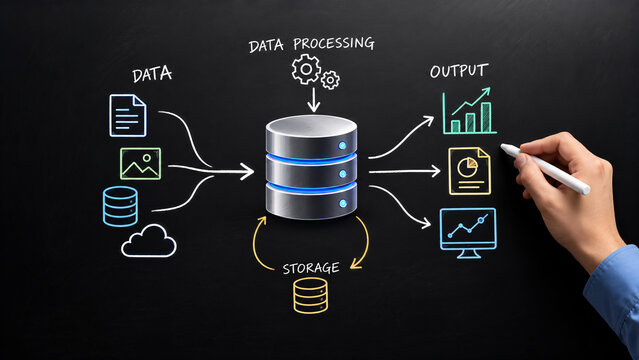 Businessman hand drawing big data processing flow chart on dark background showing database storage, data input, processing gears, and output analytics graph icons for tech infrastructure.