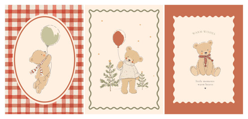 Obraz premium Vintage Christmas Teddy Bear Card and Poster Set, Cute Cottagecore Vector Illustrations with Balloons, Plaid and Winter Trees