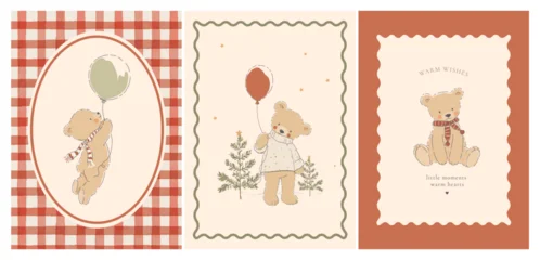 Vintage Christmas Teddy Bear Card and Poster Set, Cute Cottagecore Vector Illustrations with Balloons, Plaid and Winter Trees © Zenina-Lembrik