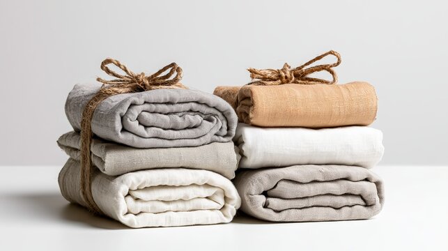 Neatly folded linen textiles showcasing a comforting aesthetic, bundled with natural twine, represent a concept for domestic tranquility and a cozy home