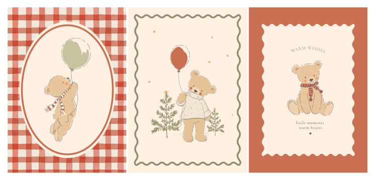 Vintage Christmas Teddy Bear Card and Poster Set, Cute Cottagecore Vector Illustrations with Balloons, Plaid and Winter Trees