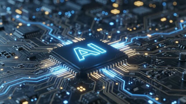 Integrated artificial intelligence processor, with electric blue 'AI' glowing as its centerpiece, high-speed data streams tracking along dark gold